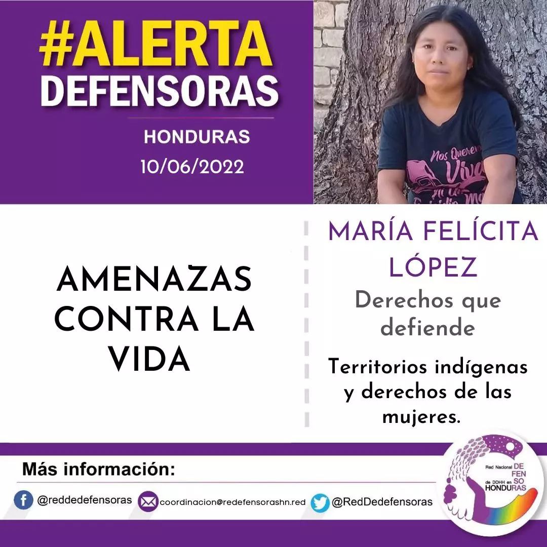Amenazas contra la vida de la defensora María Felícita López