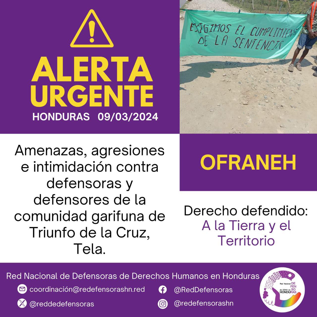 #AlertaUrgente│Amenazas, agresiones e intimidación contra defensoras y defensores de Triunfo de la Cruz, Tela
