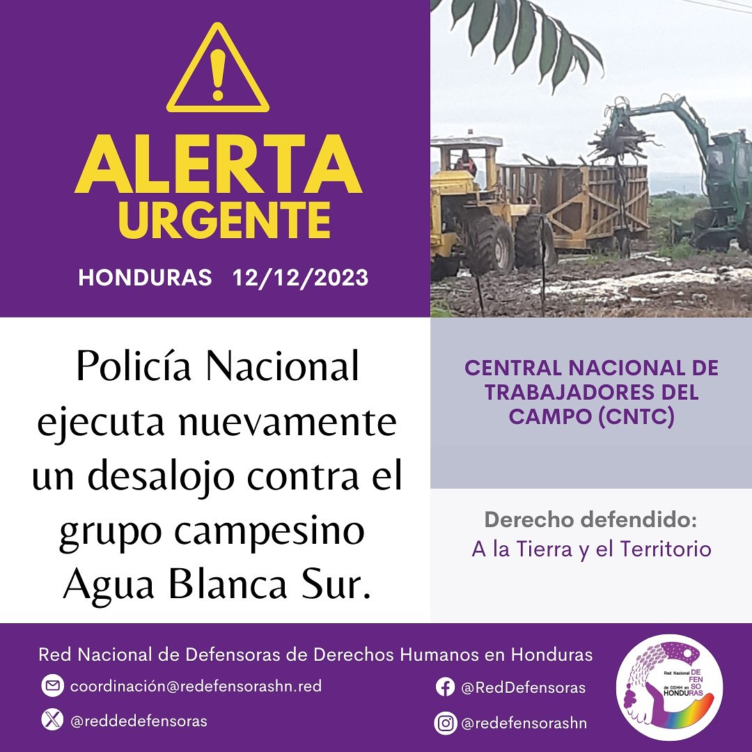 #AlertaUrgente│Policía Nacional ejecuta nuevamente un desalojo contra el grupo campesino Agua Blanca Sur.