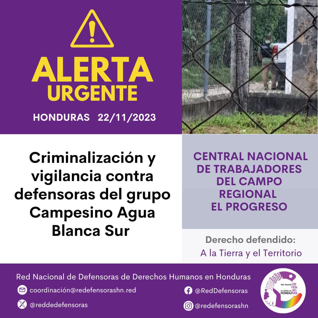 #AlertaUrgente│Criminalización y vigilancia contra defensoras del grupo campesino Agua Blanca Sur.