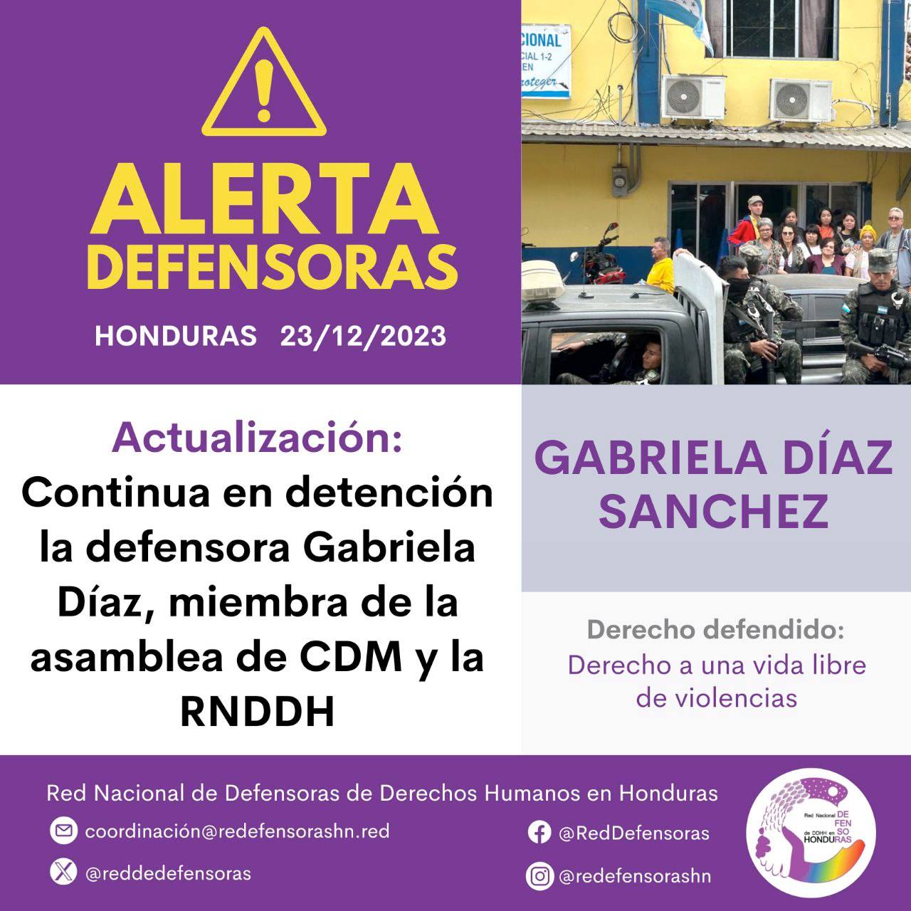 #AlertaDefensora│Continua en detención la defensora Gabriela Díaz Sánchez, miembra de la asamblea del Centro de Derechos de Mujeres y de la RNDDH.