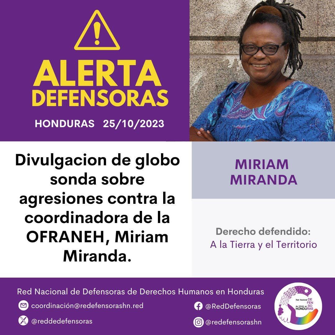 #AlertaDefensoras│Divulgación de globo sonda sobre agresiones contra la coordinadora de la OFRANEH, Miriam Miranda.