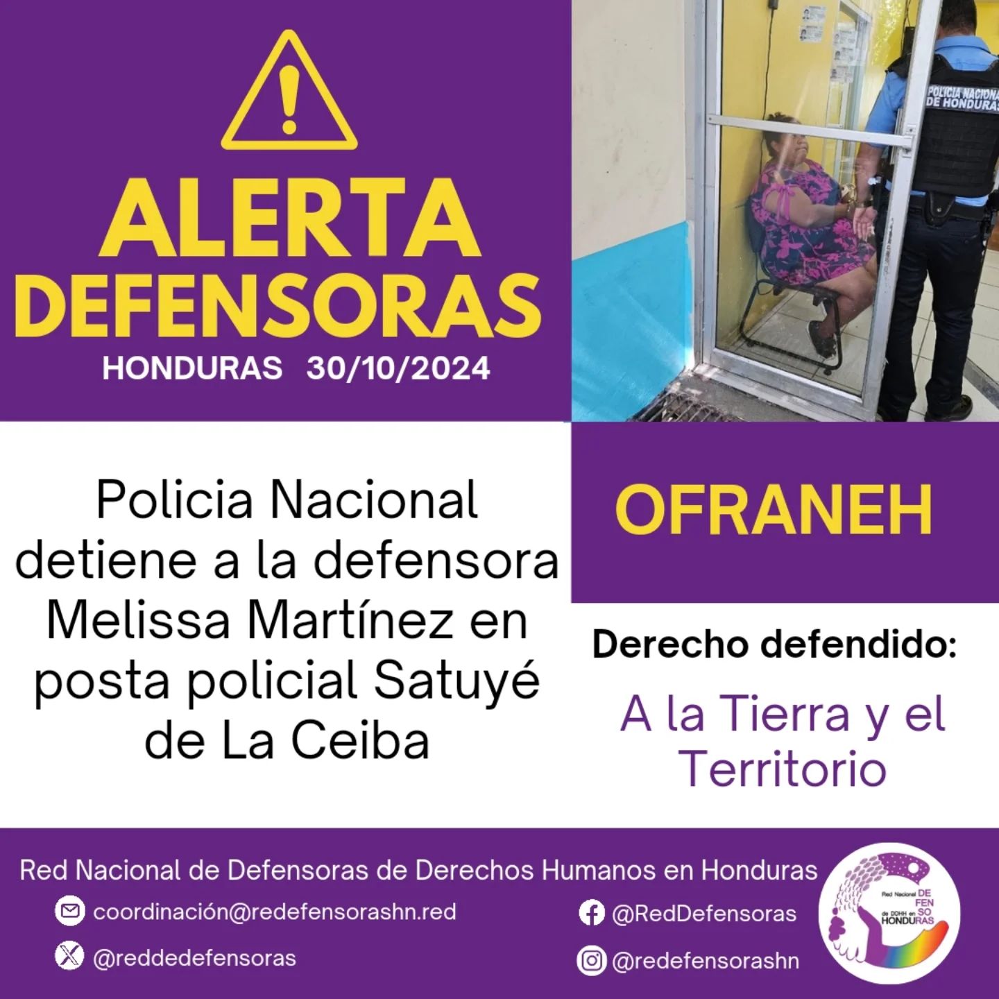 #AlertaDefensoras | Policía Nacional detiene a la defensora Melissa Martínez en la posta policial Satuyé de La Ceiba.